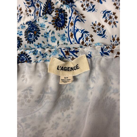 L'AGENCE Dress Small Womens White & Blue Silk Paisley Off Shoulder - Picture 7 of 8